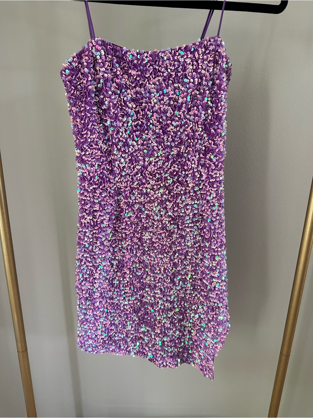 Lilac Sequin Mini Dress with Spaghetti Straps
